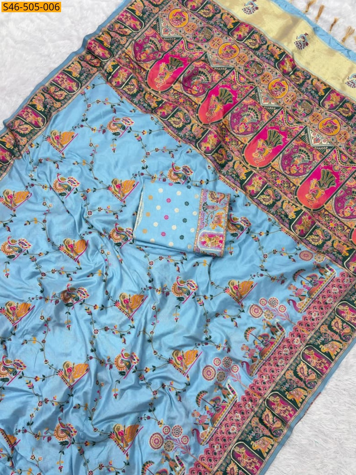 Blue Rajwadi viscose pashmina silk saree 