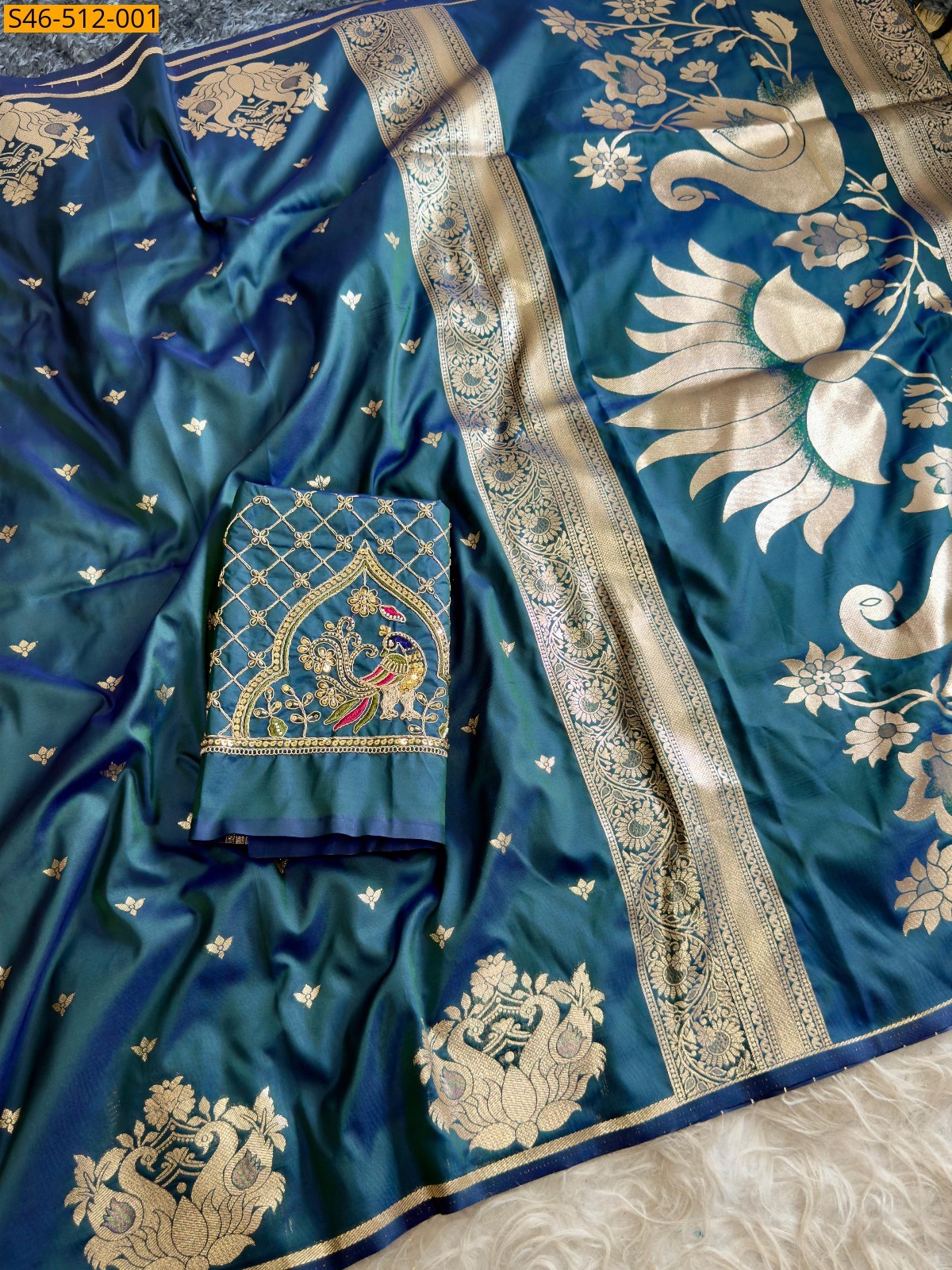 Blue Soft silk saree with aari work blouse