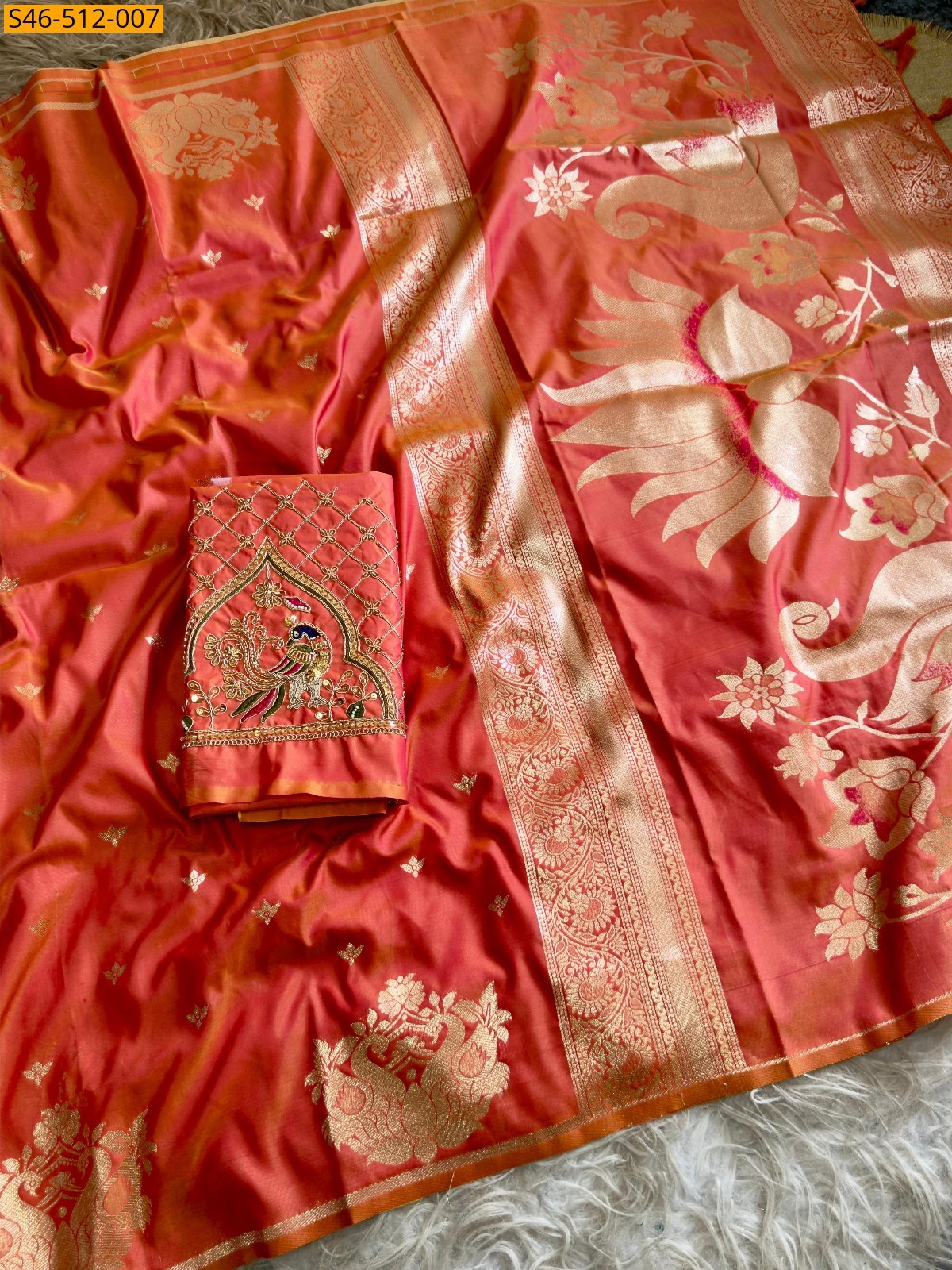 Orange Soft silk saree with aari work blouse