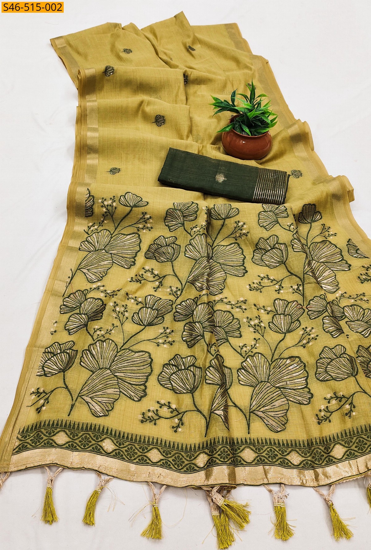 Mustard yellow Fancy Muga Cotton saree
