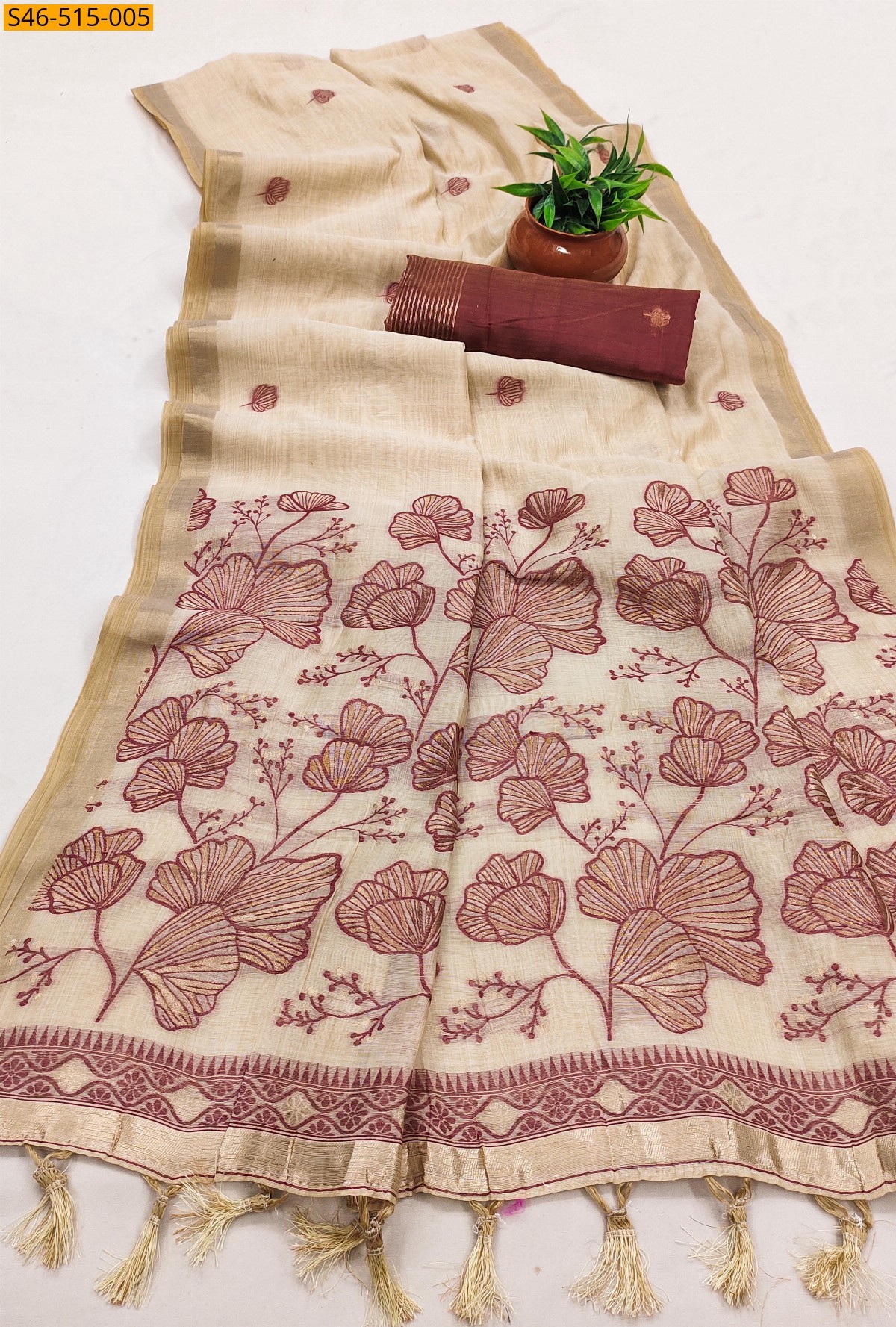 Sandal Fancy Muga Cotton saree