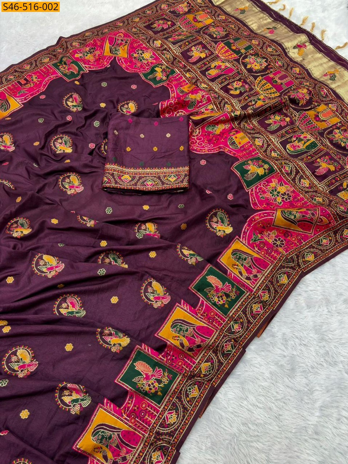 Wine Rajwadi viscose pashmina silk saree