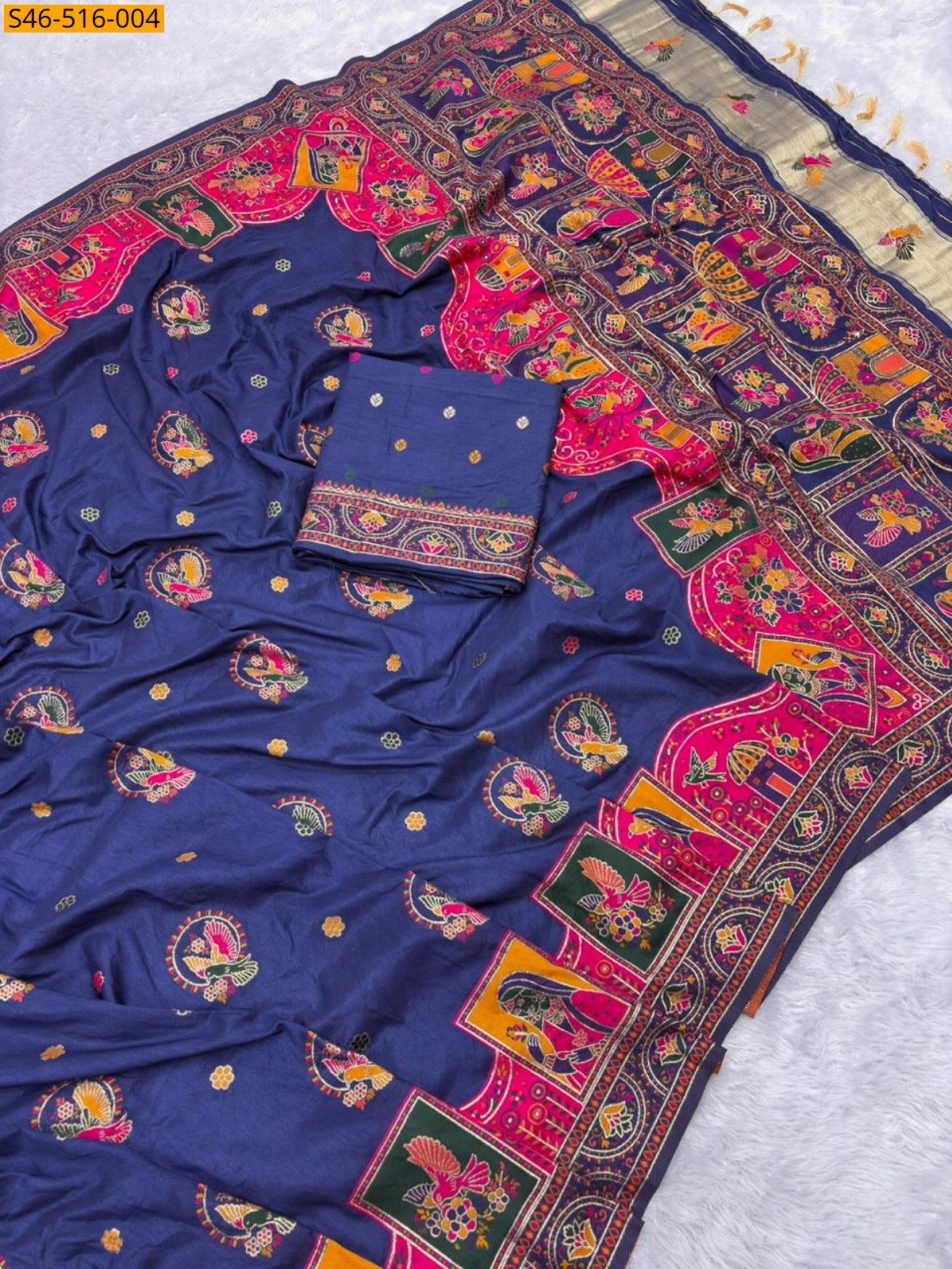 Navy blue Rajwadi viscose pashmina silk saree