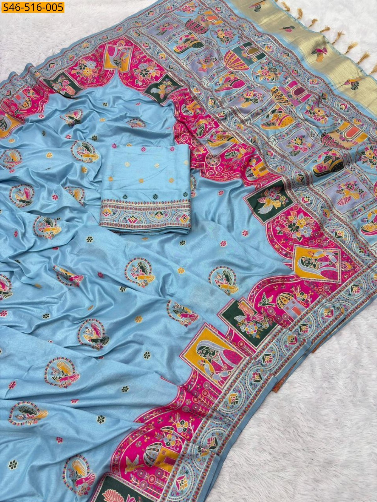 Sky blue Rajwadi viscose pashmina silk saree