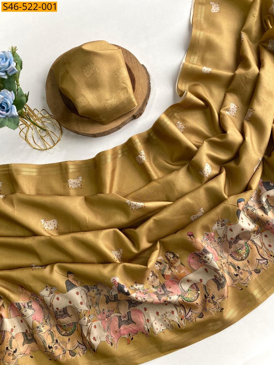 Mustard yellow Tussar silk saree