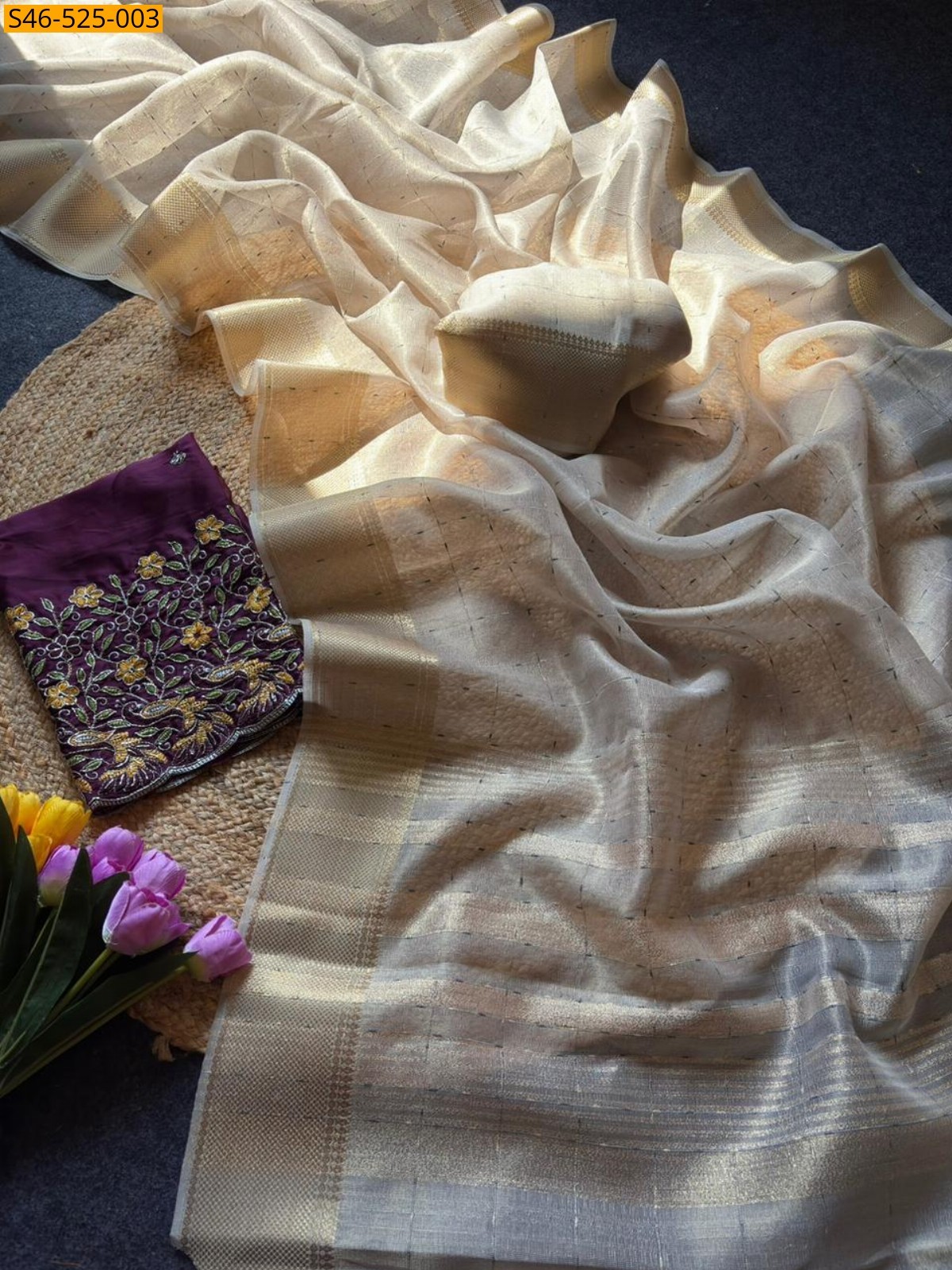 Half white Soft tissue crush saree