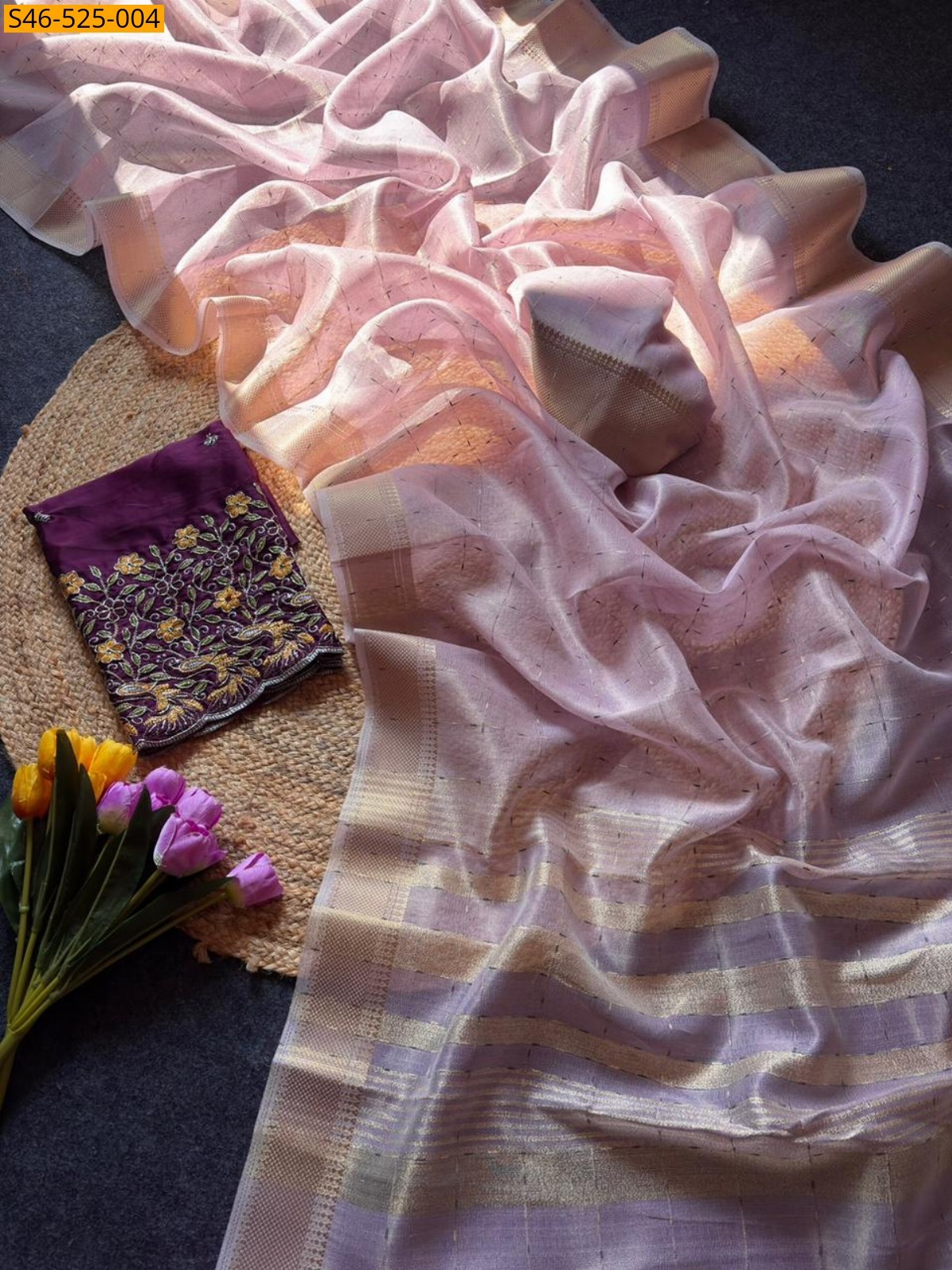 Baby pink Soft tissue crush saree