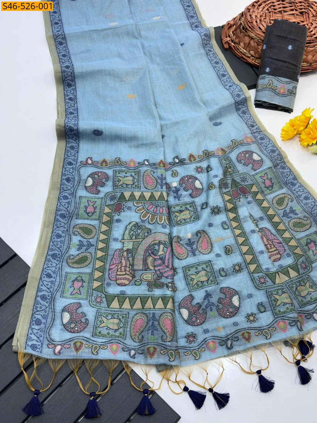 Blue Muga cotton saree