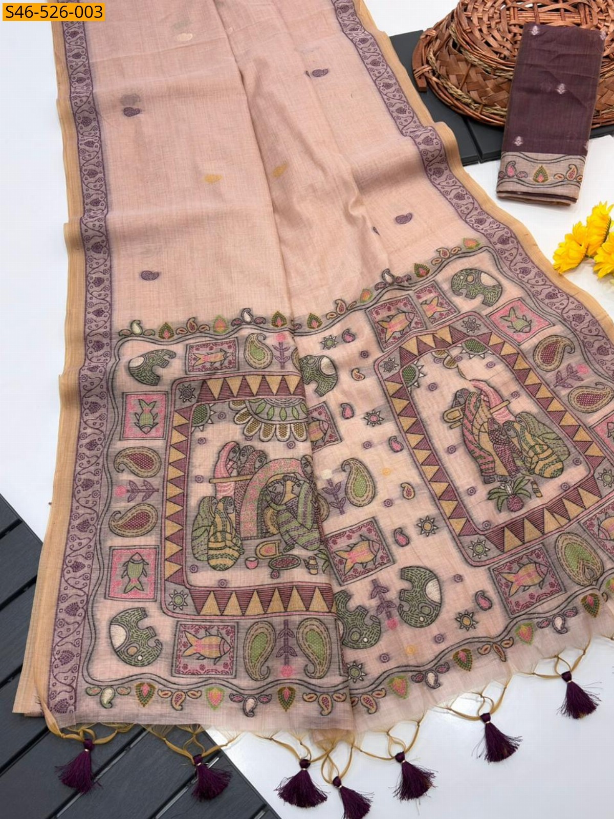 Peach Muga cotton saree