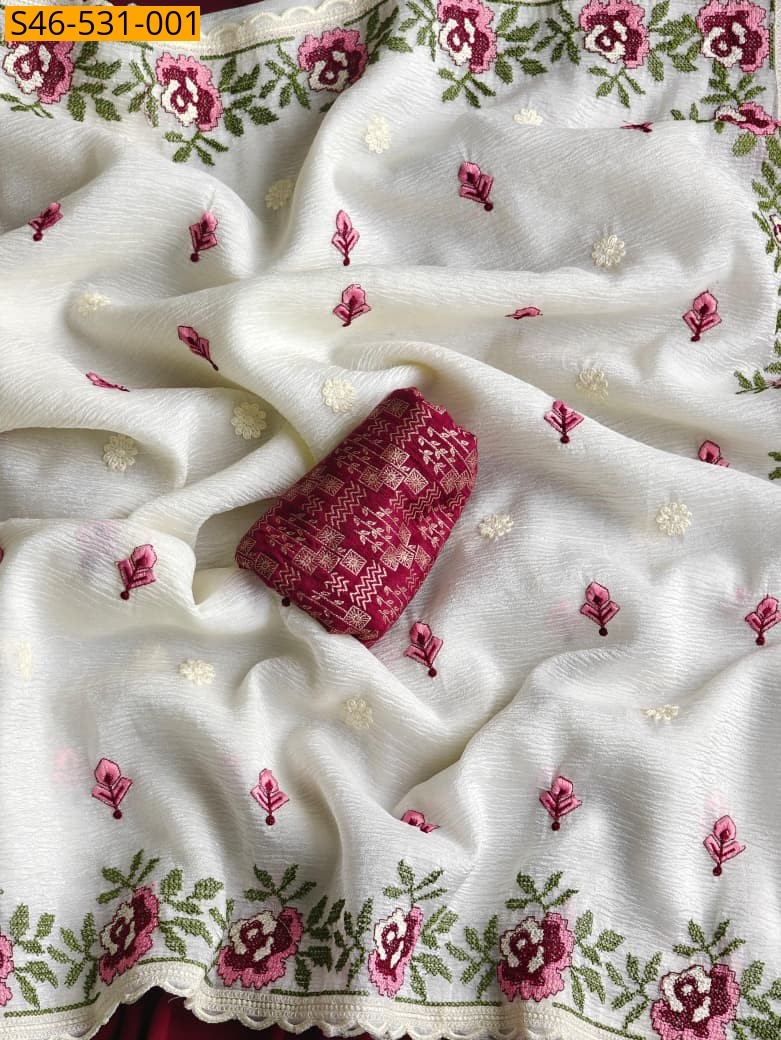 Crush chiffon saree - White