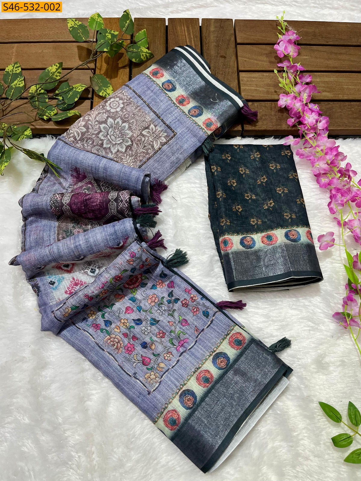 Blue Linen printed saree