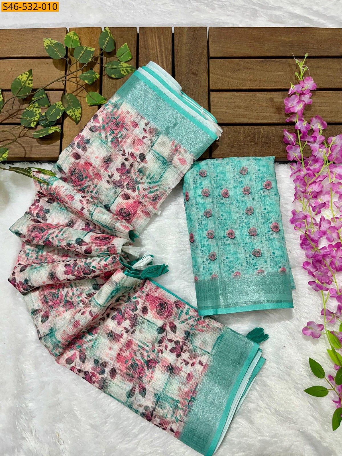 Half White With Blue Linen printed saree