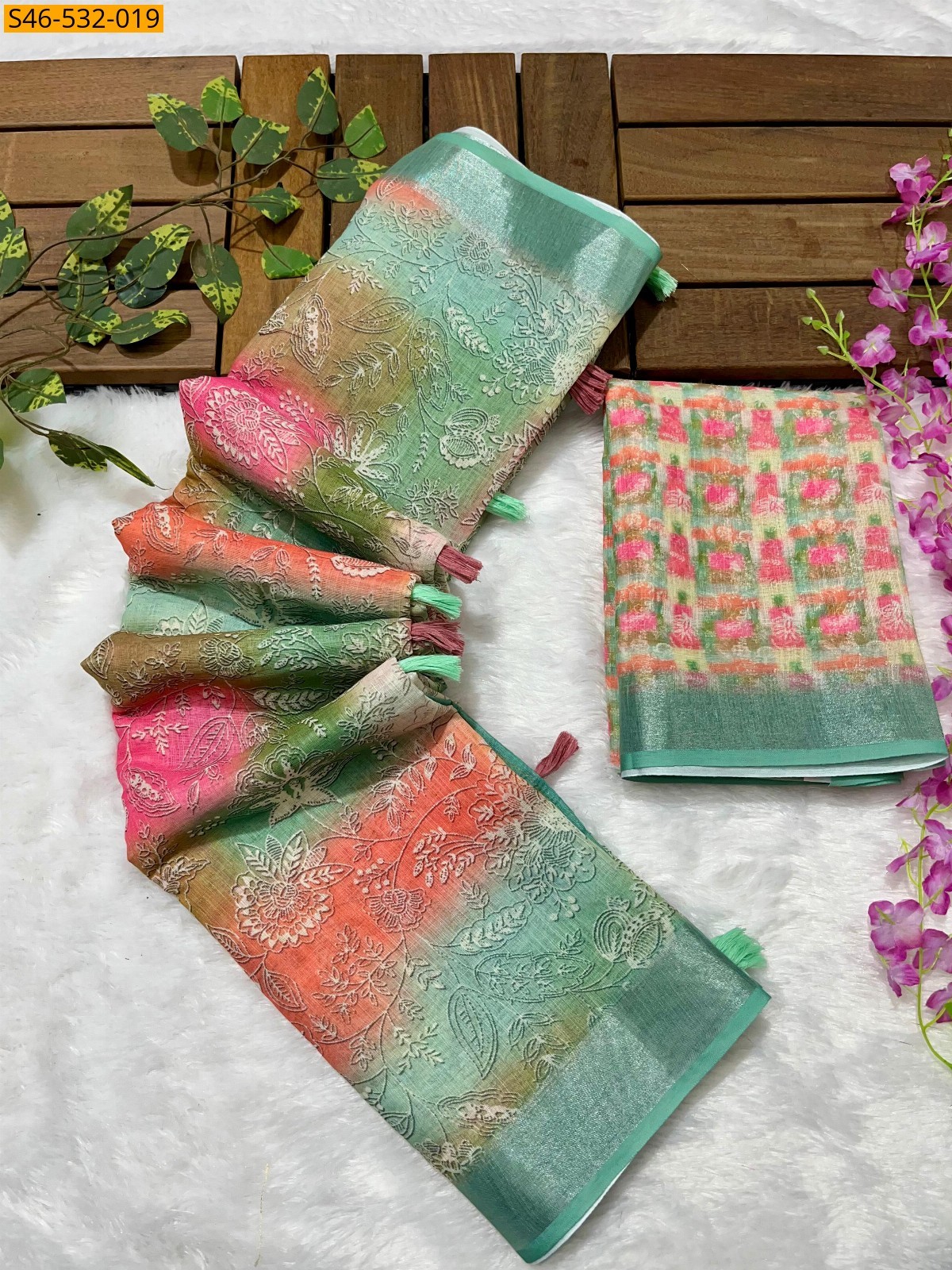 Multi Color Linen printed saree