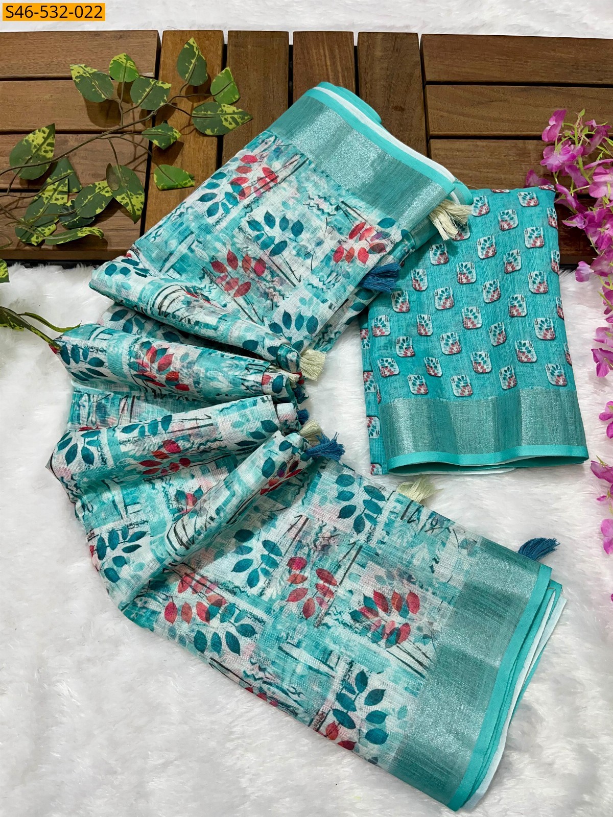 Blue Linen printed saree