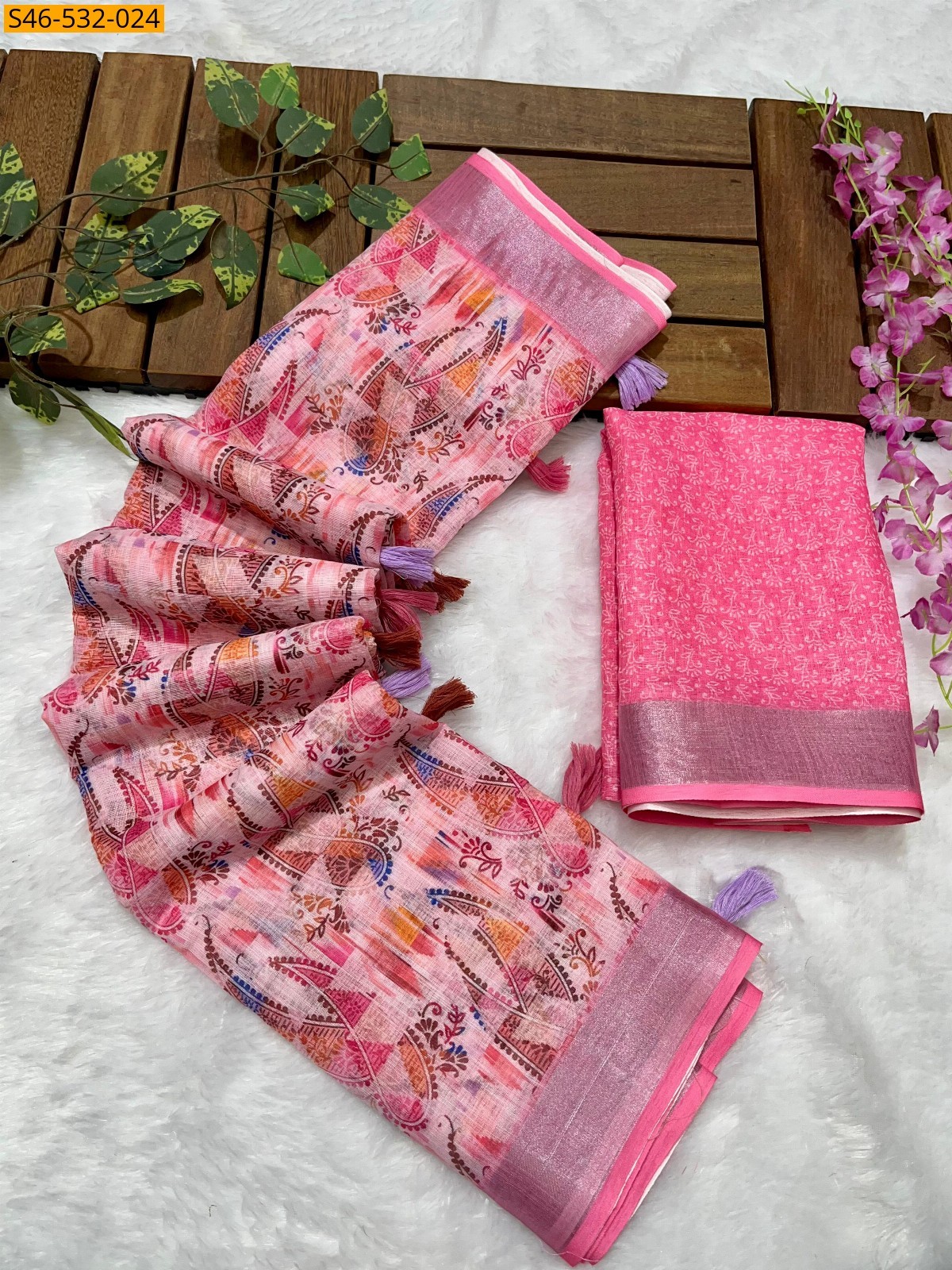 Pink Linen printed saree