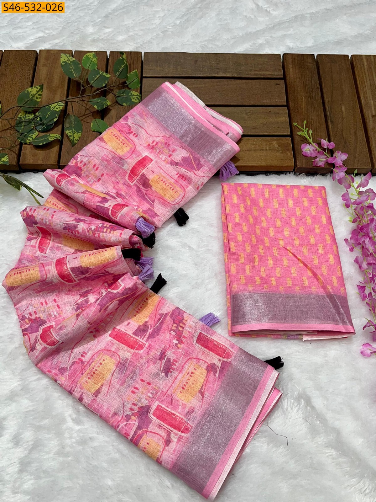 Pink Linen printed saree
