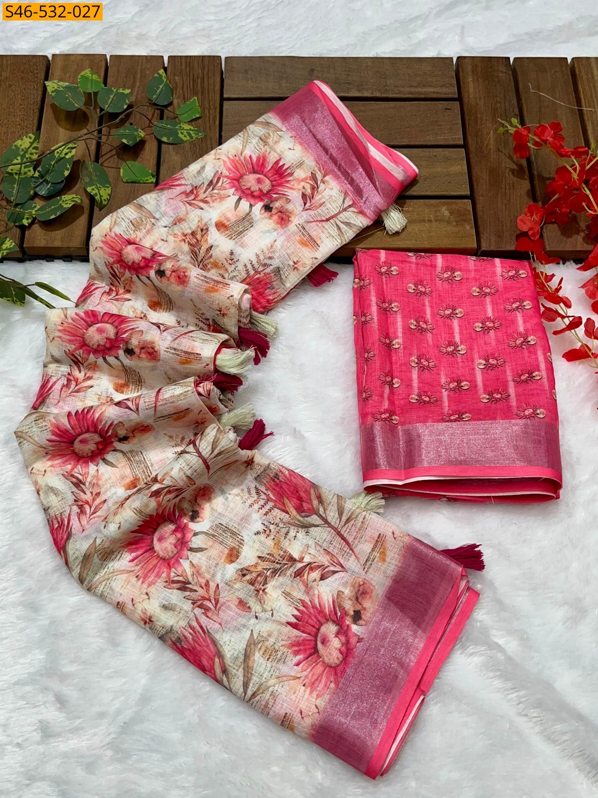 Half White Linen printed saree