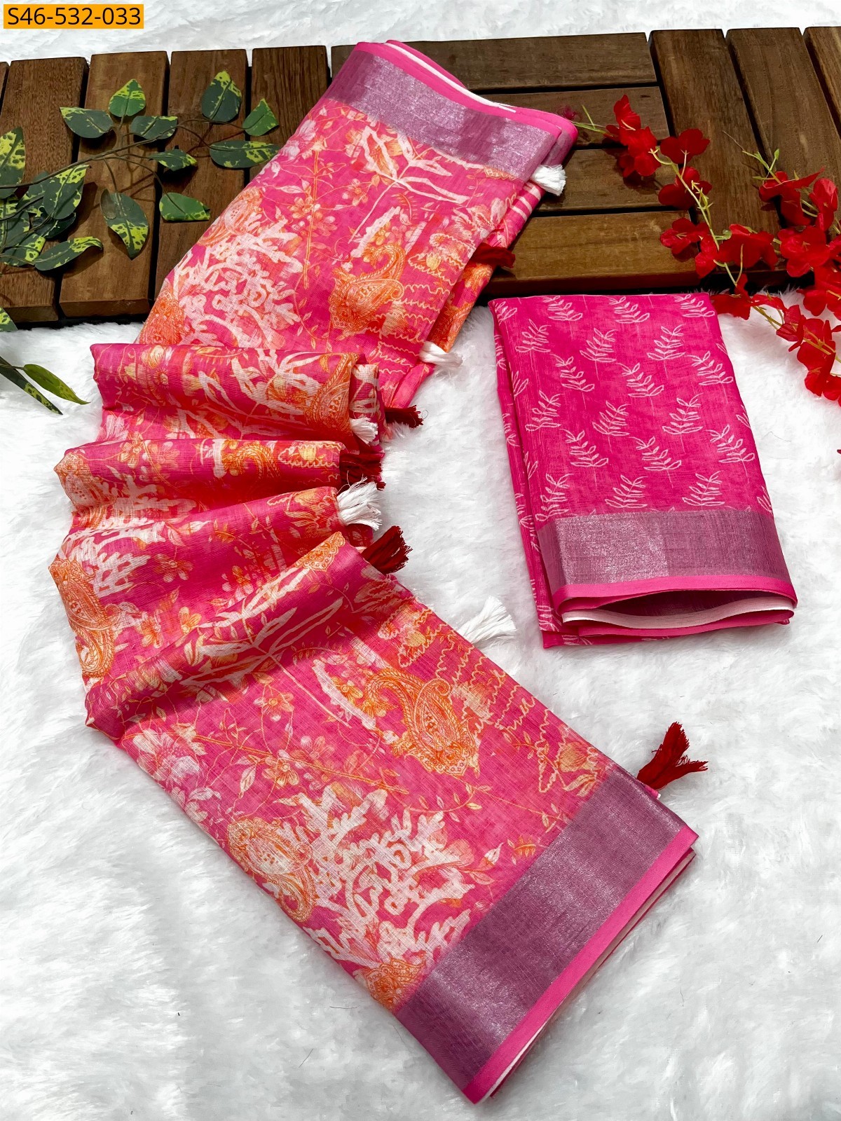 Pink Linen printed saree
