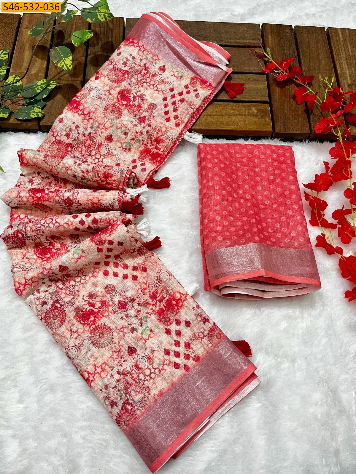 Half White Linen printed saree