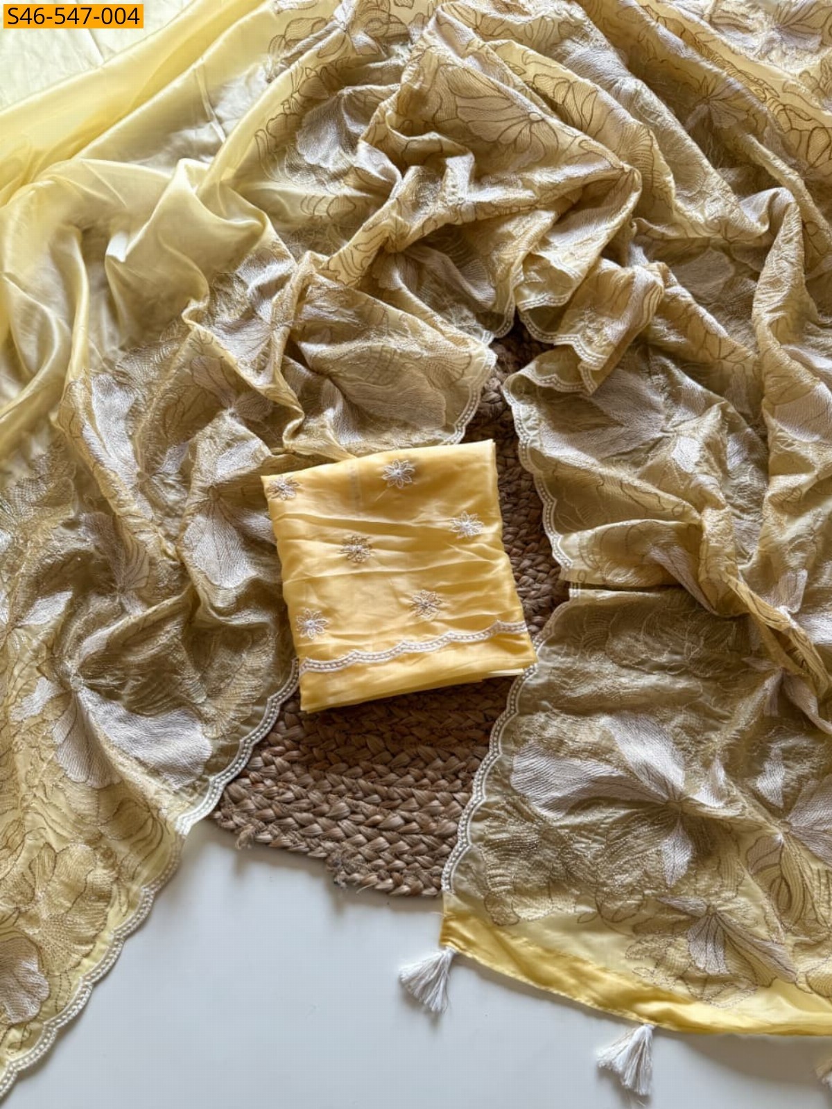 Yellow Tissue embroidery Saree