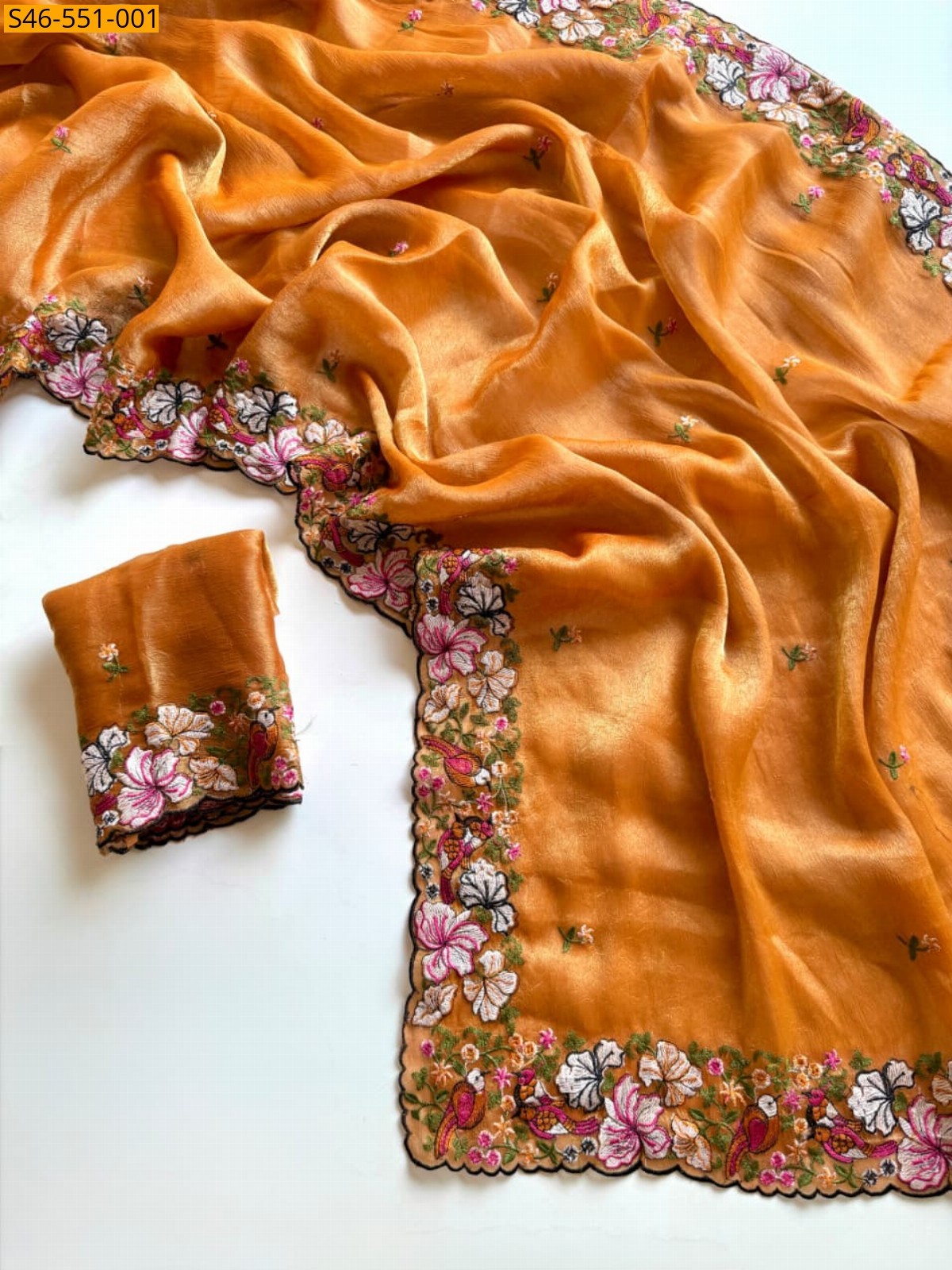 Rust orange Premium Floral Embroidery Crush Saree