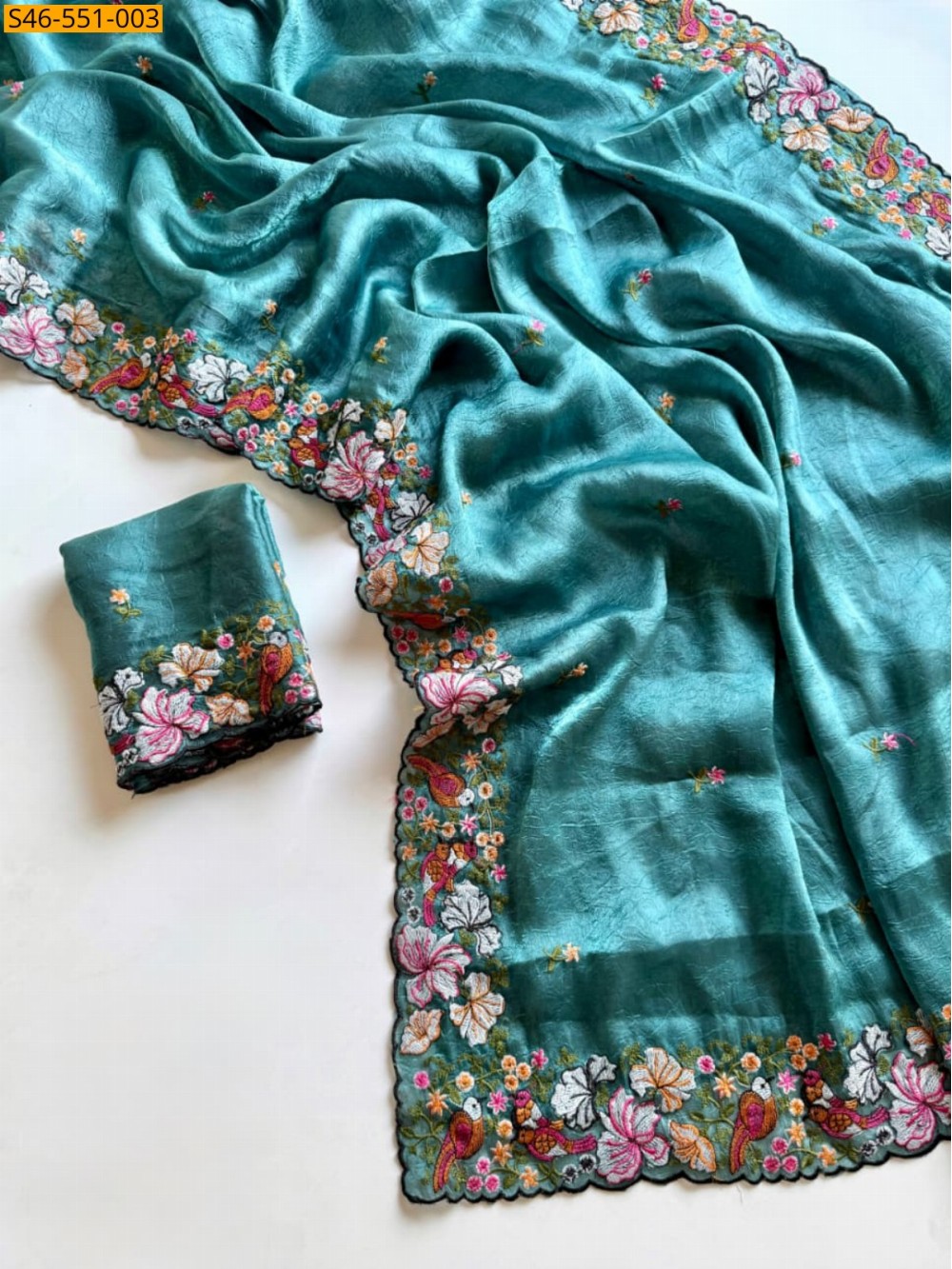 Premium Floral Embroidery Crush Saree