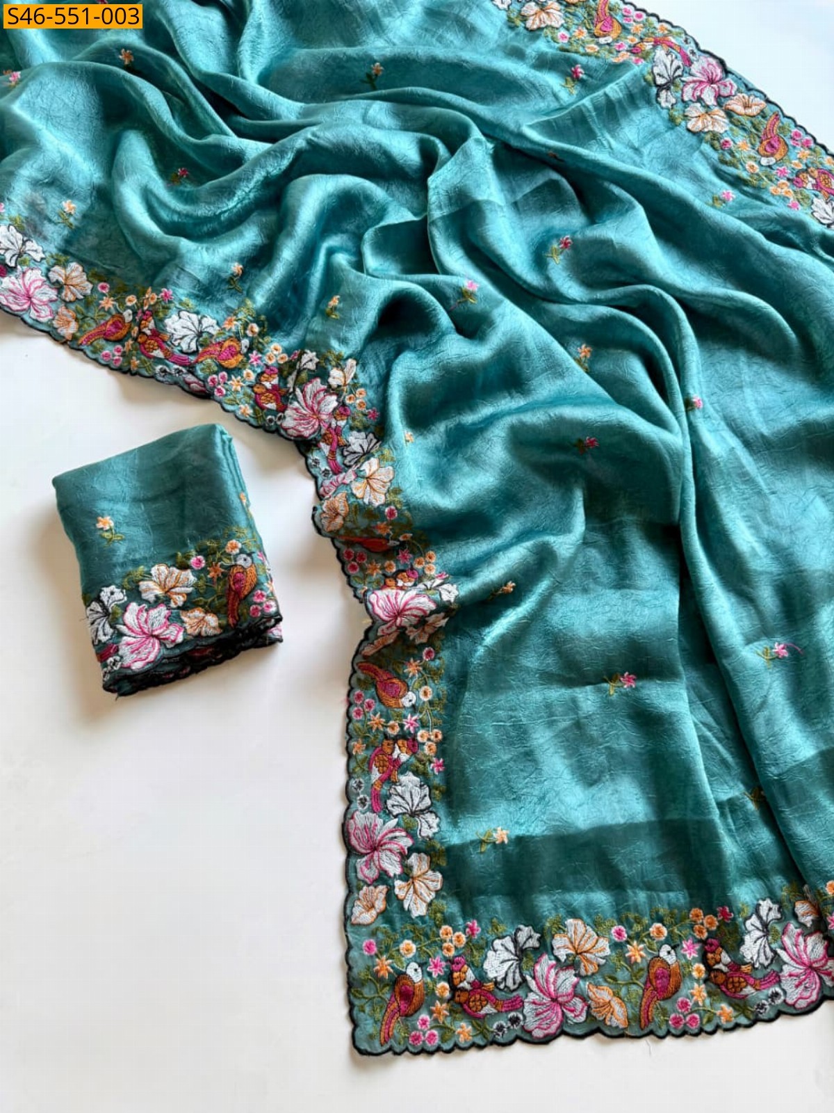 Blue Premium Floral Embroidery Crush Saree