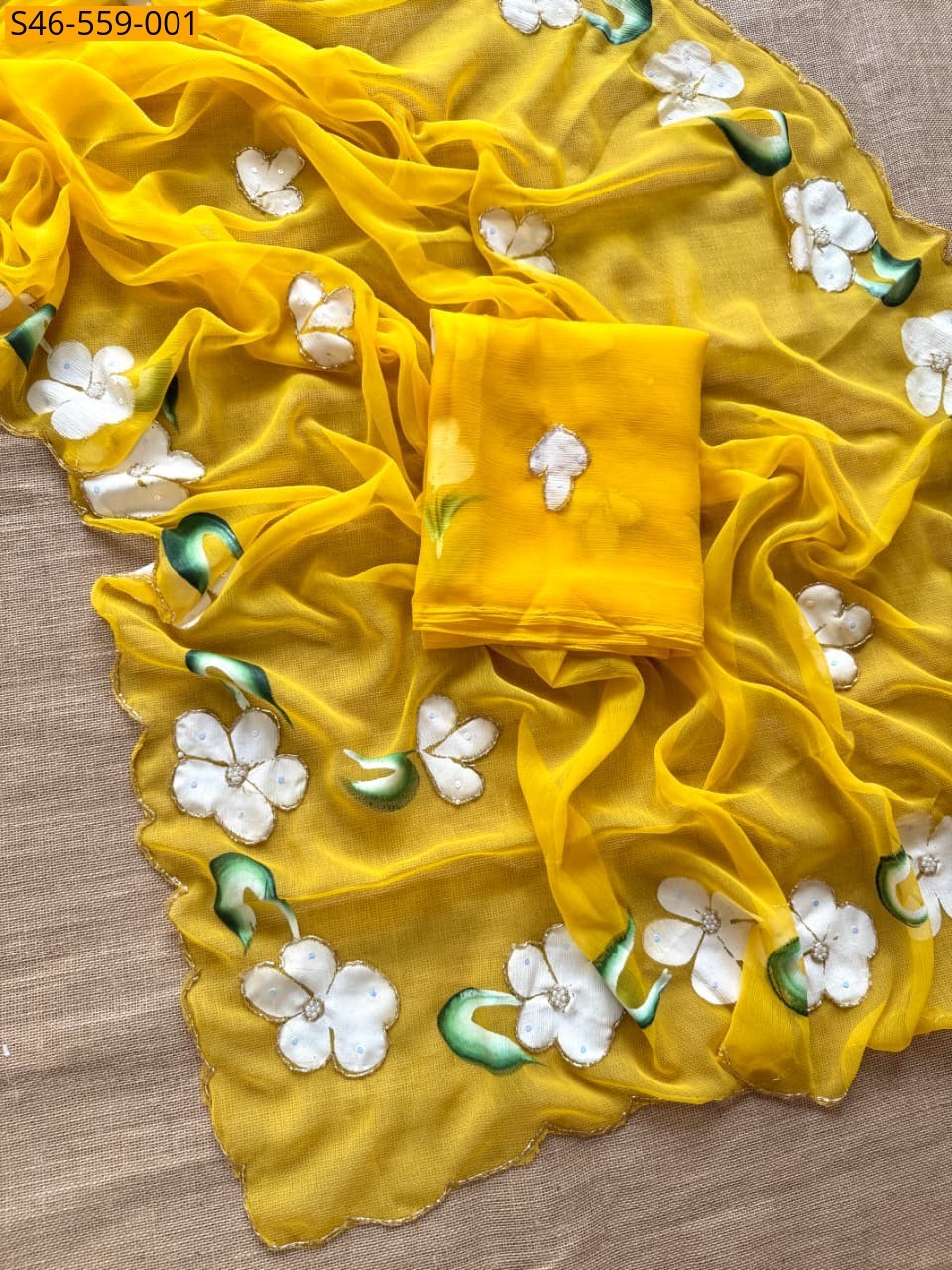 Yellow Yellow Chiffon Handwork Sarees