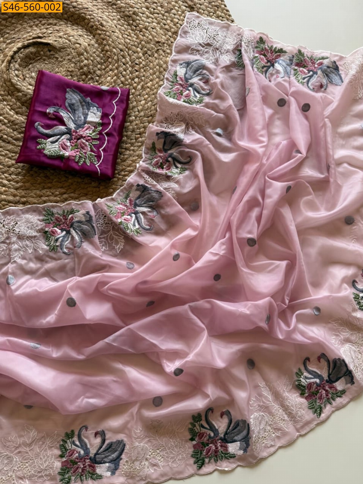 Pink  Viscose tissue embroidery sarees