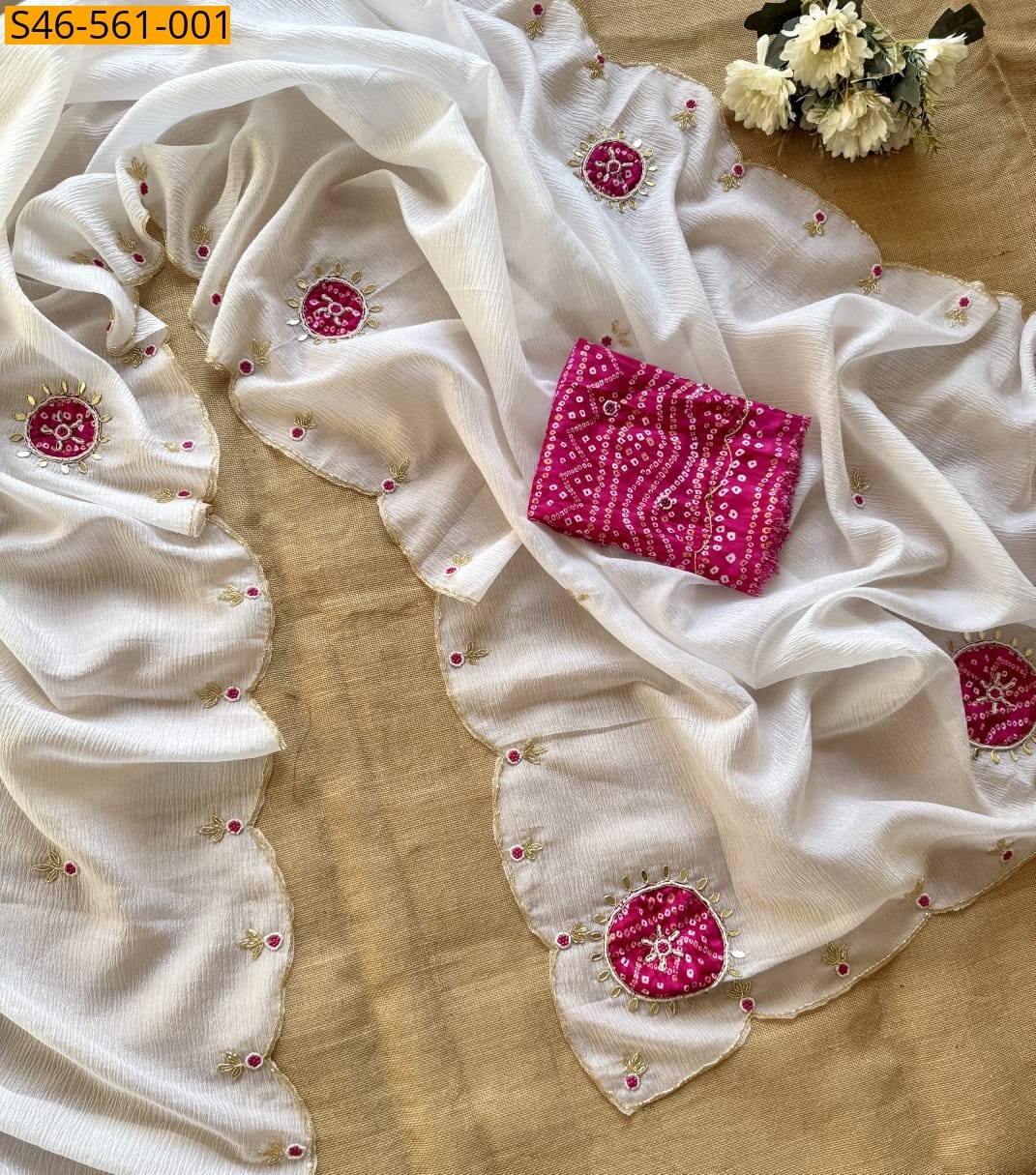 White Crushed chiffon saree