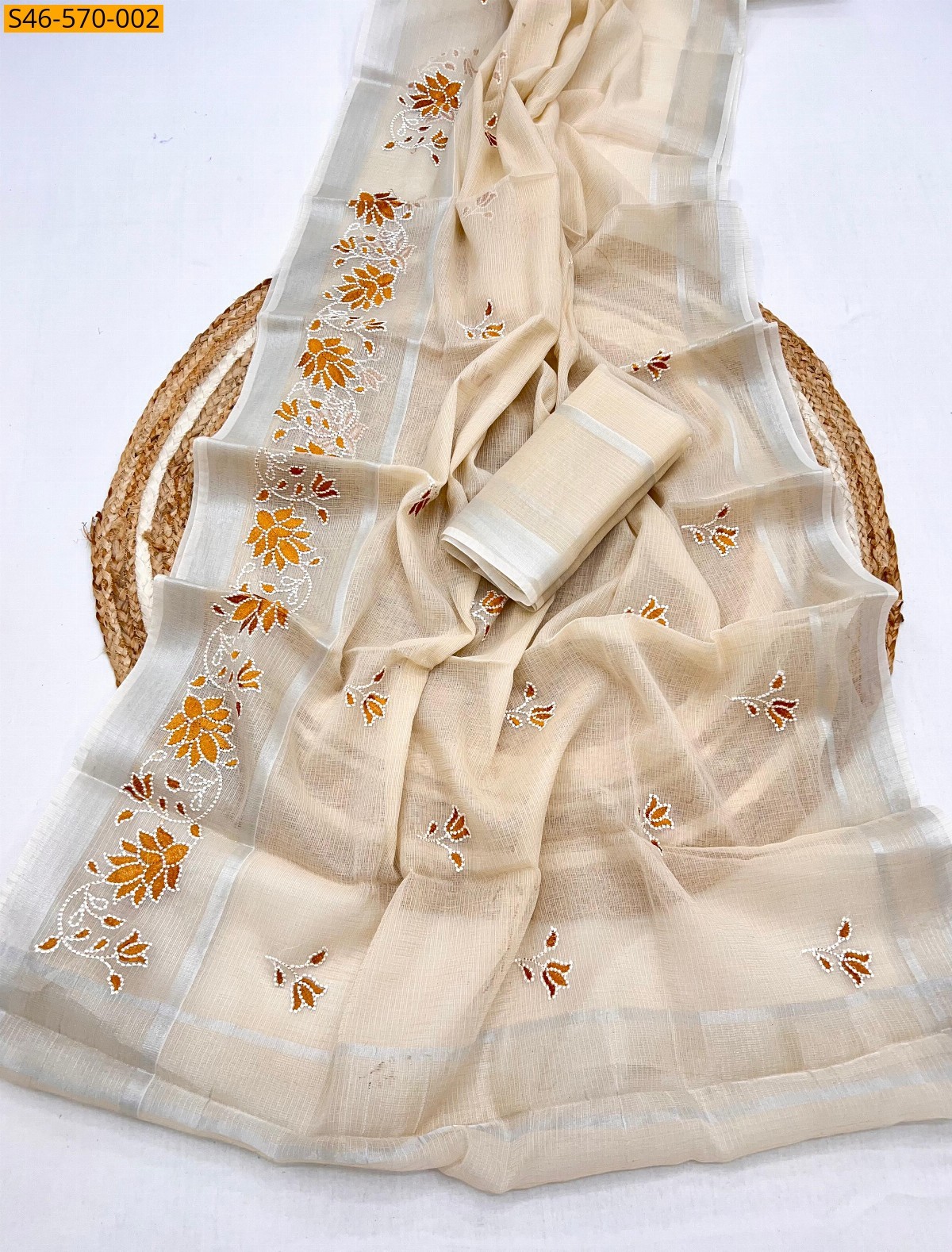 Light Peach Kota doriya embroidery work sarees