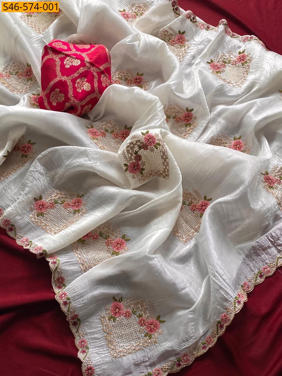 White Pure Paper Silk Crush Saree