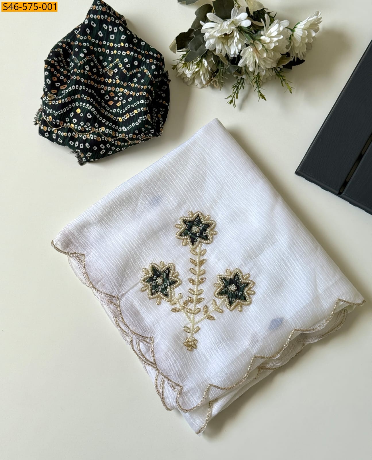 White Chiffon Crush Sareee