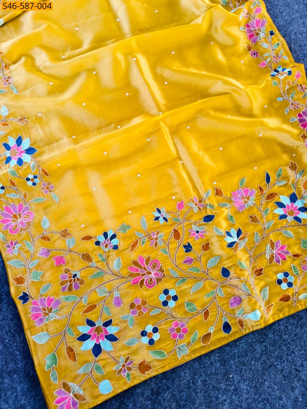 Yellow Tissue Silk Embroidery Saree