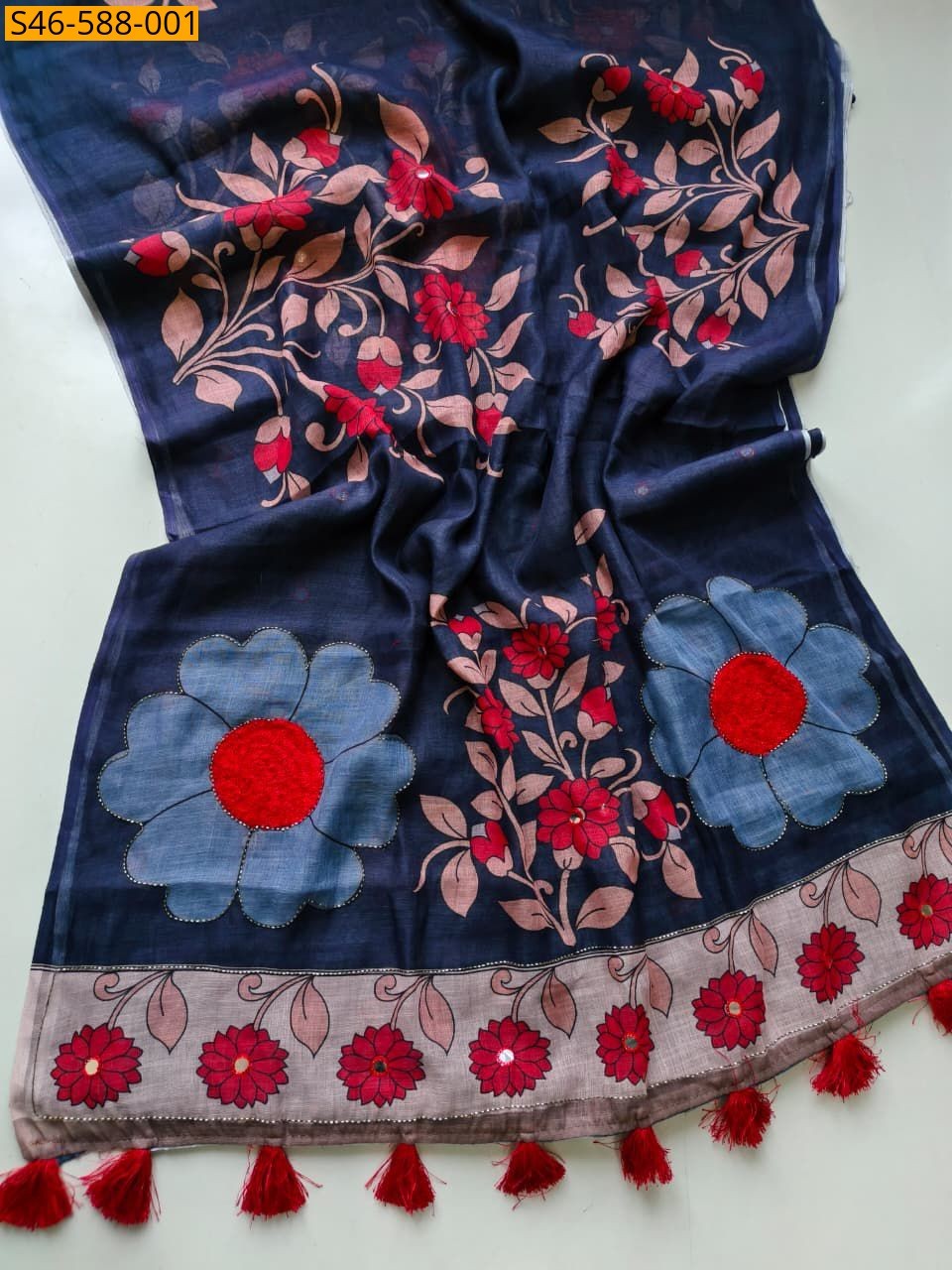 Navy Blue Fancy Linen cotton saree