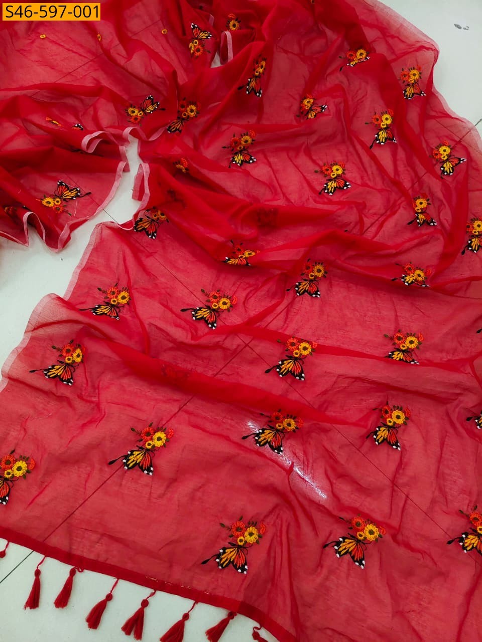 Red Fancy Soft Chanderi Cotton Saree