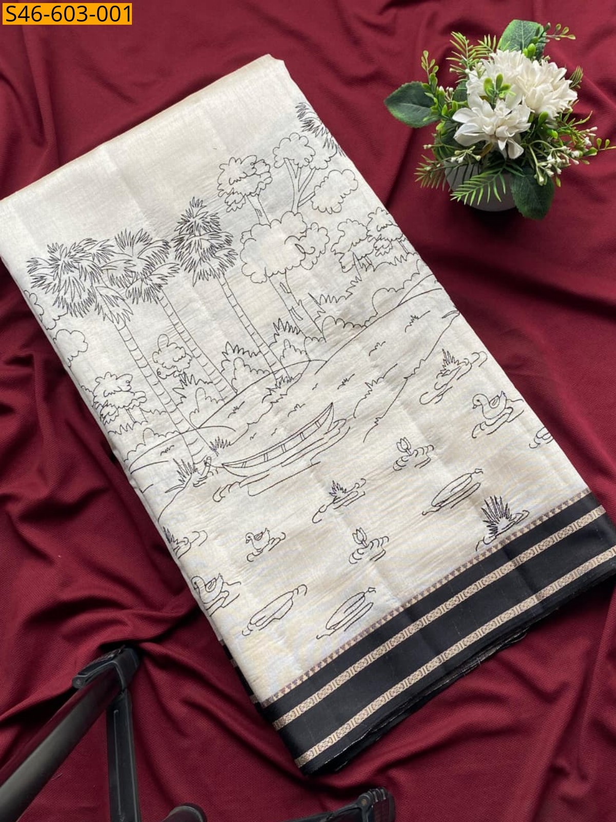 Half White With Black Cotton Silk Saree