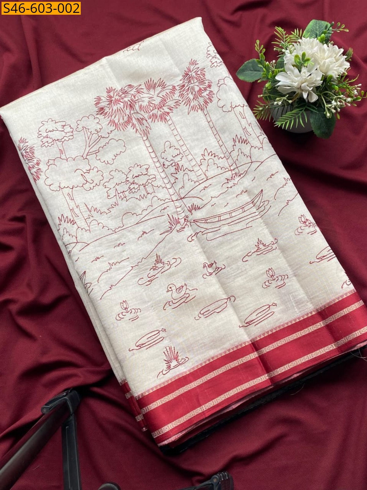 Half White With Red Cotton Silk Saree