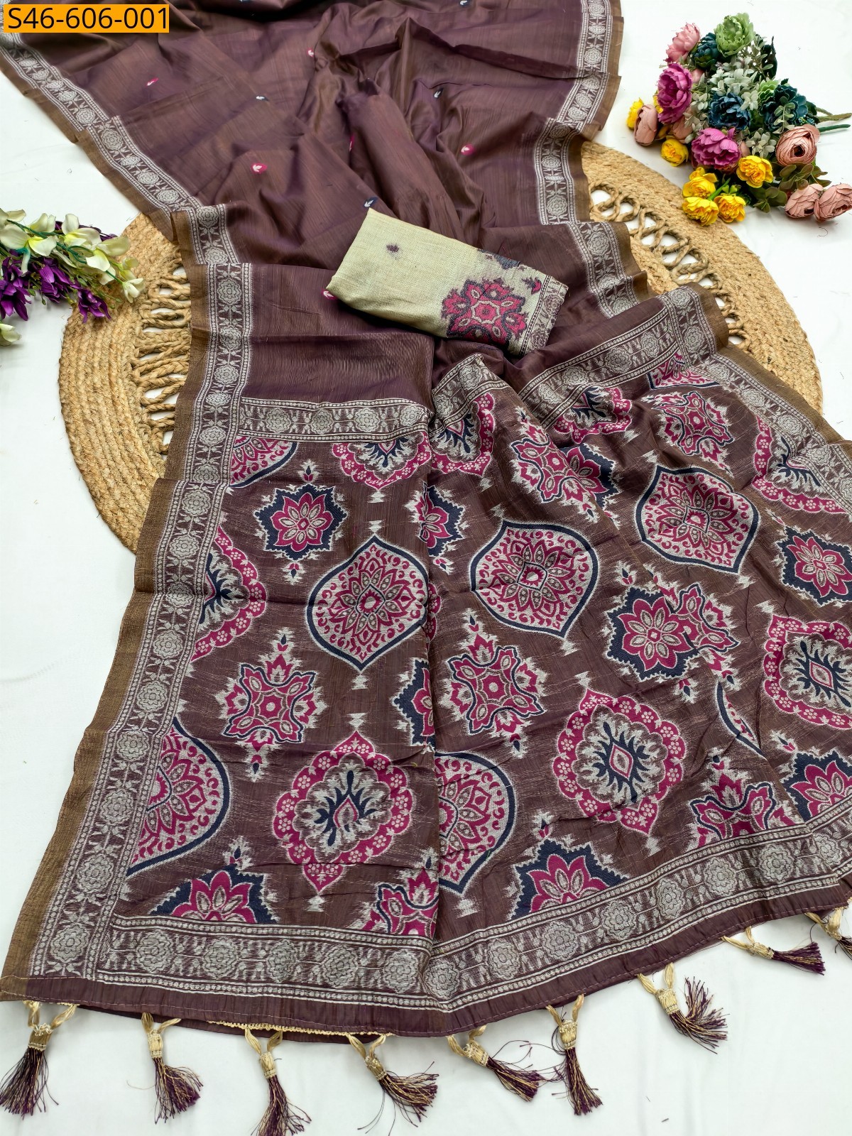 Brown Fancy Soft muga silk saree