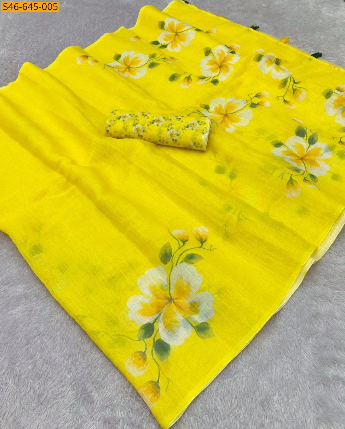 Yellow Fancy Plain Linen Cotton Saree