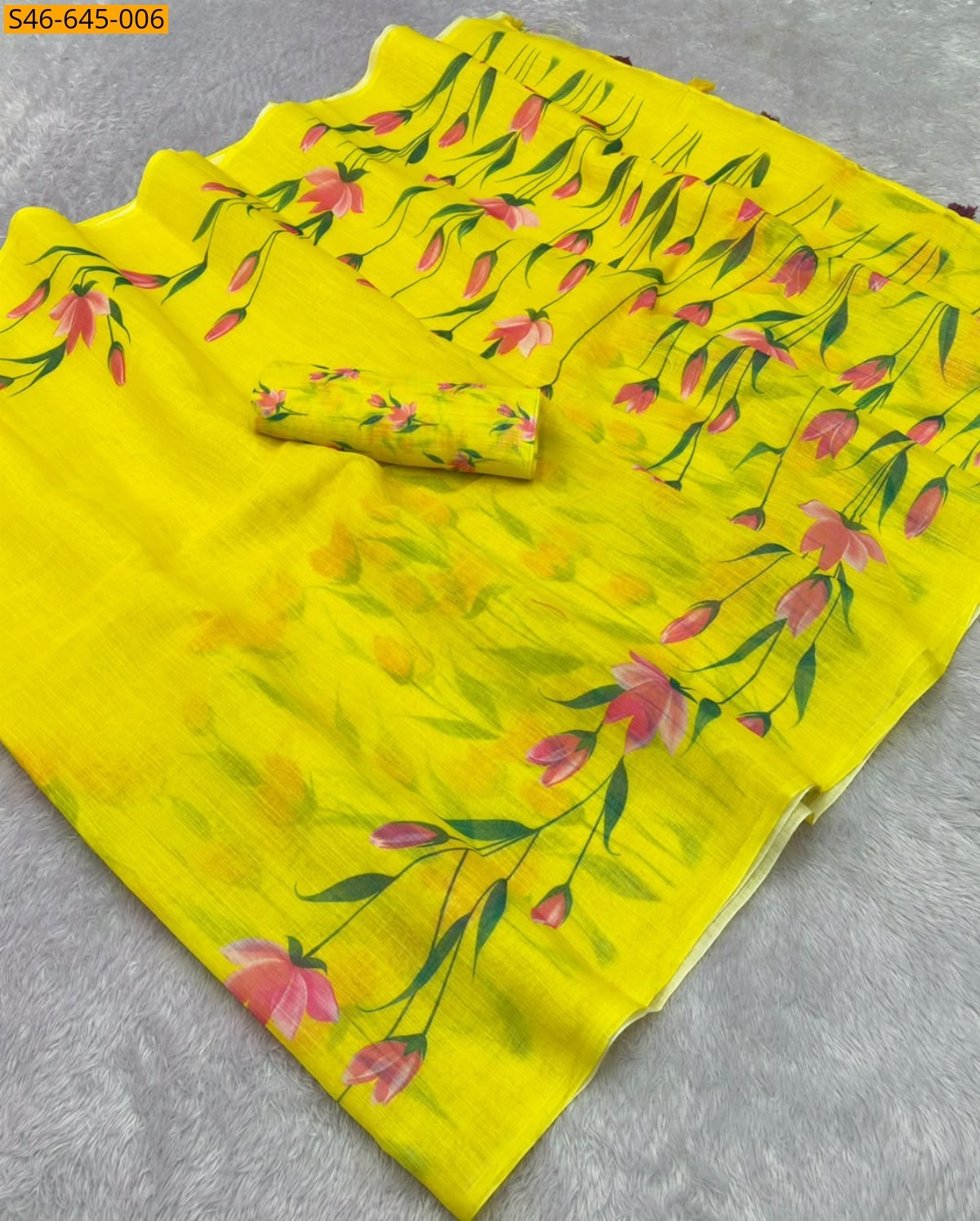 Yellow Fancy Plain Linen Cotton Saree