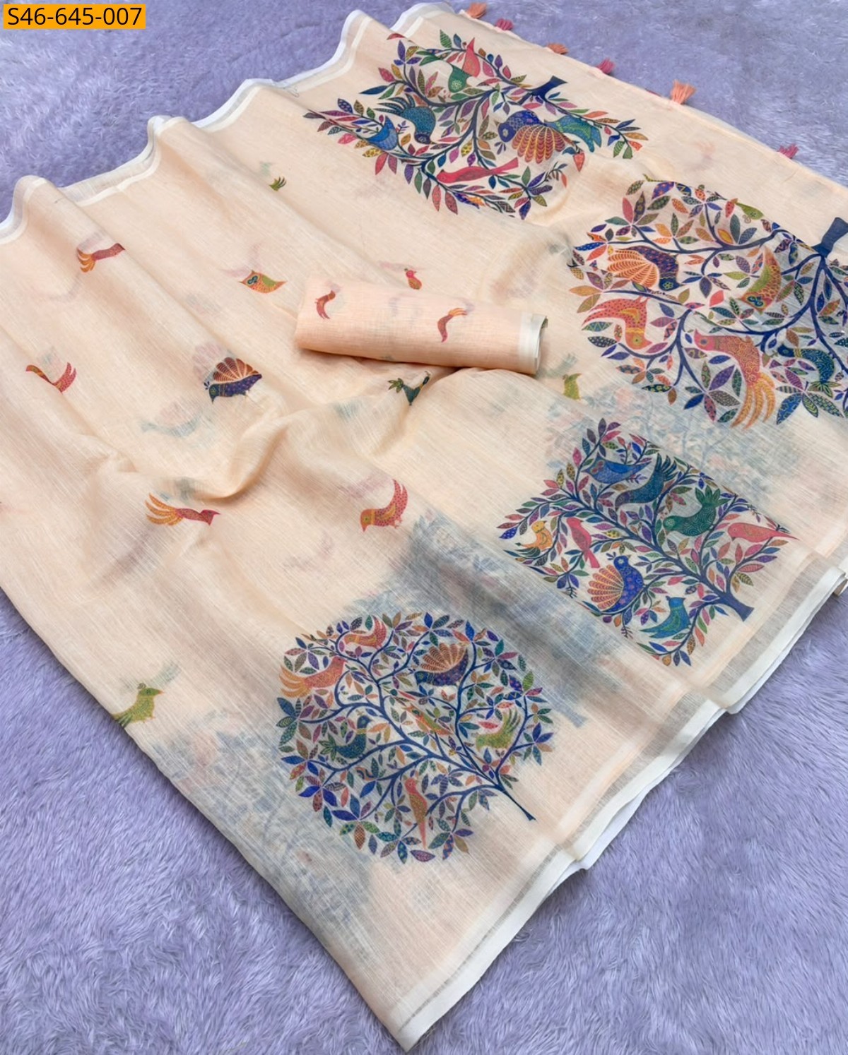 Light Peach Fancy Plain Linen Cotton Saree