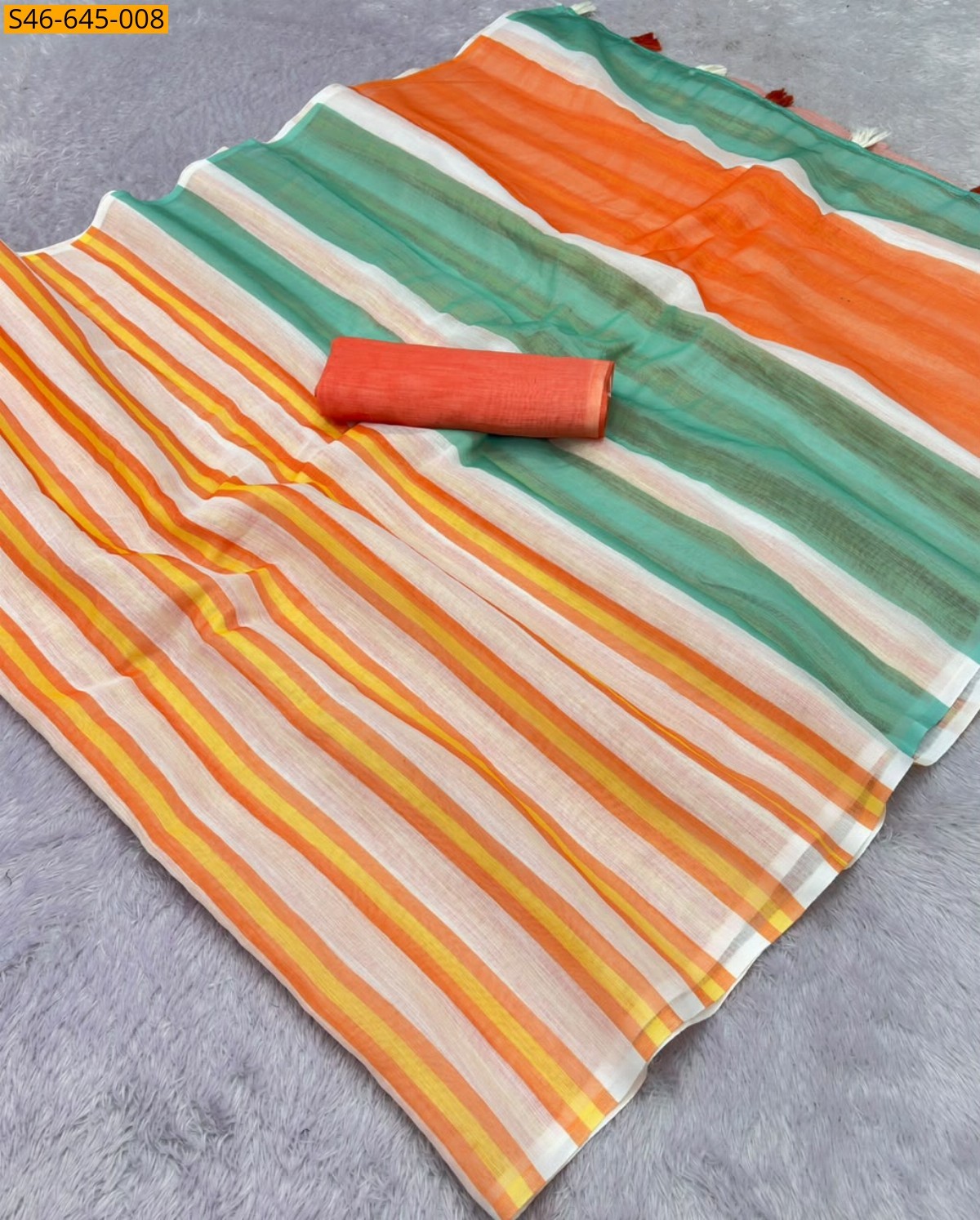 Orange Fancy Plain Linen Cotton Saree