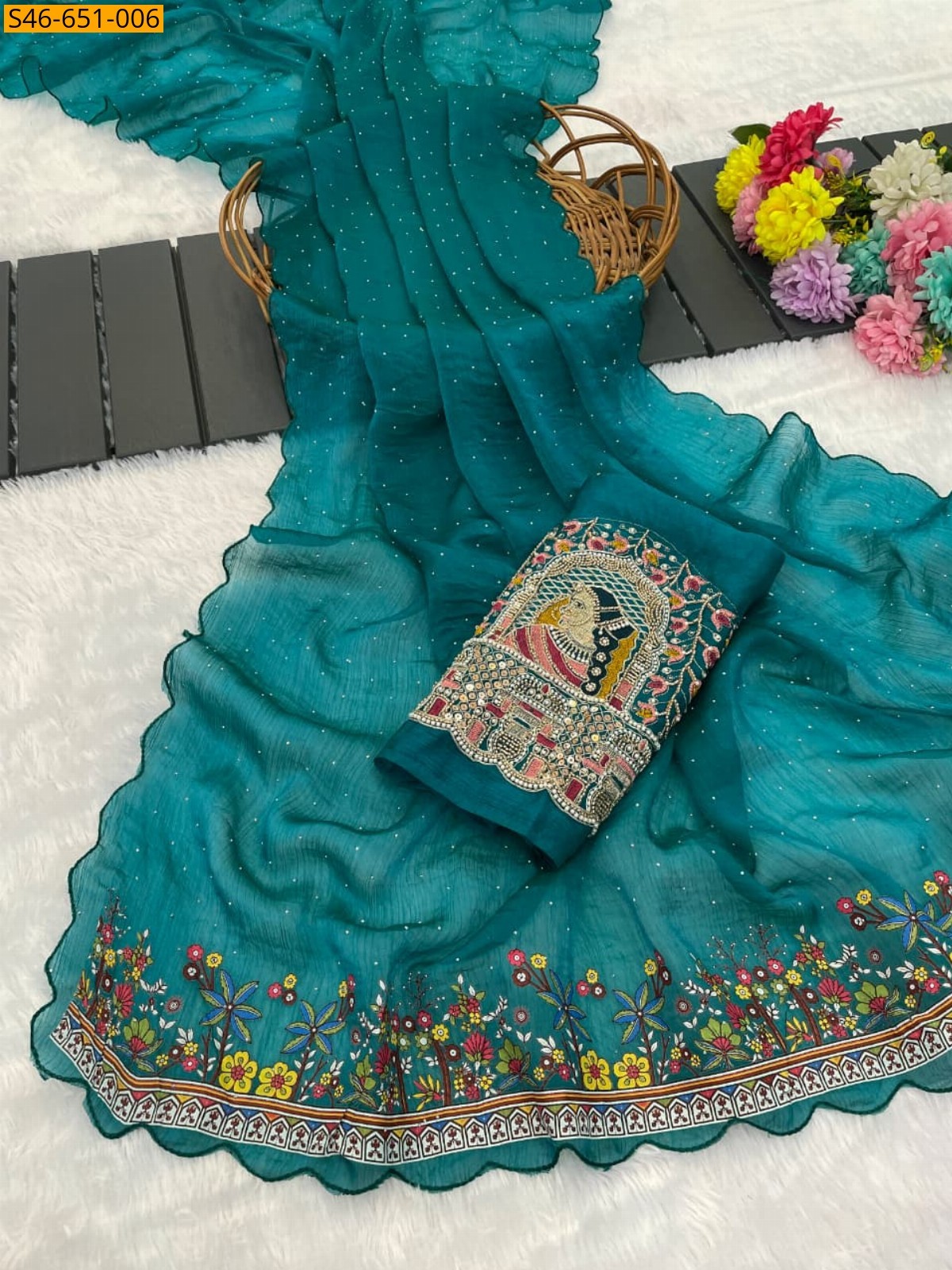Rama Green Fancy Fendy Chiffon Saree