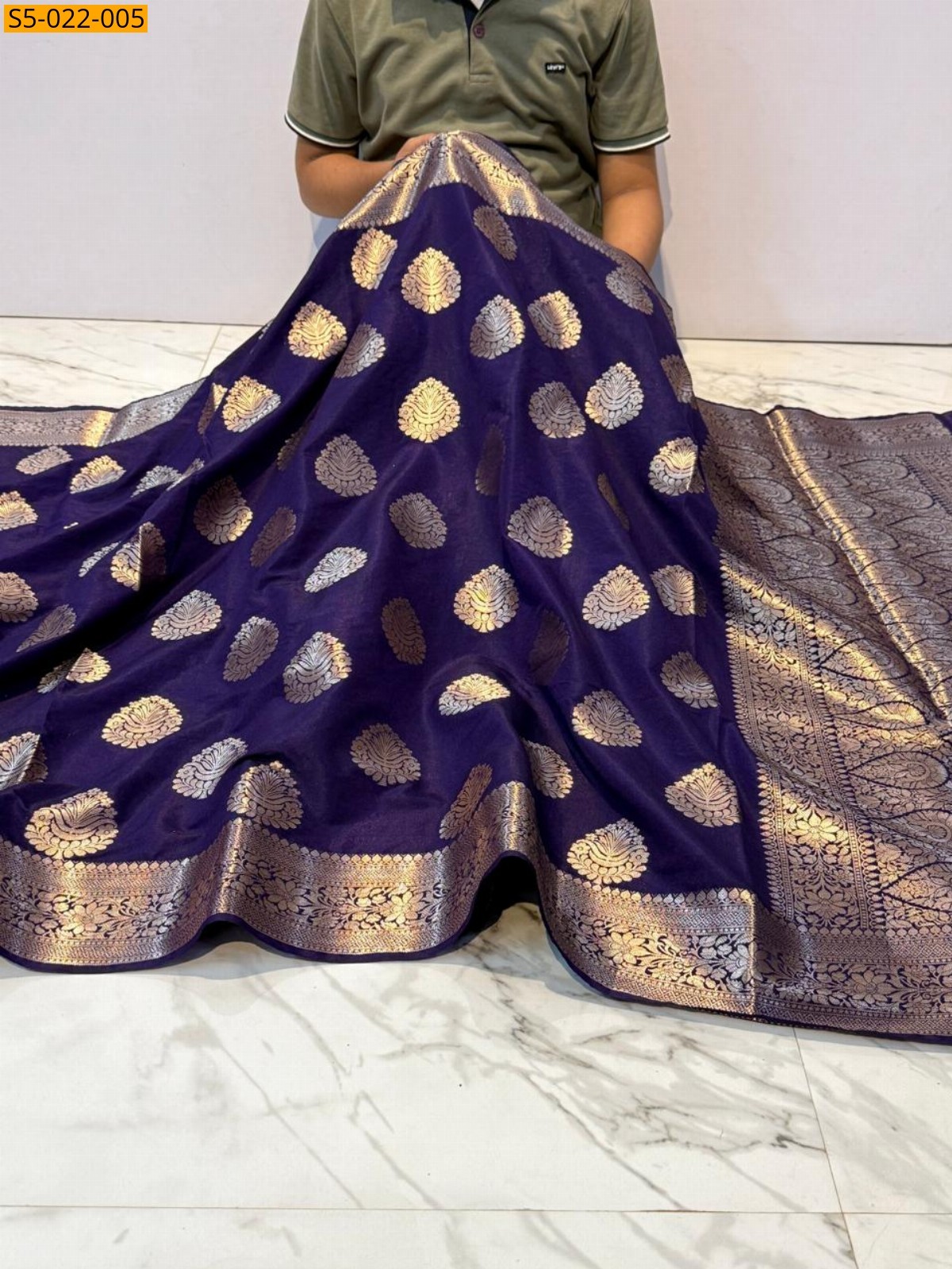 Navy blue Banarasi Dybal Semi katan soft silk saree