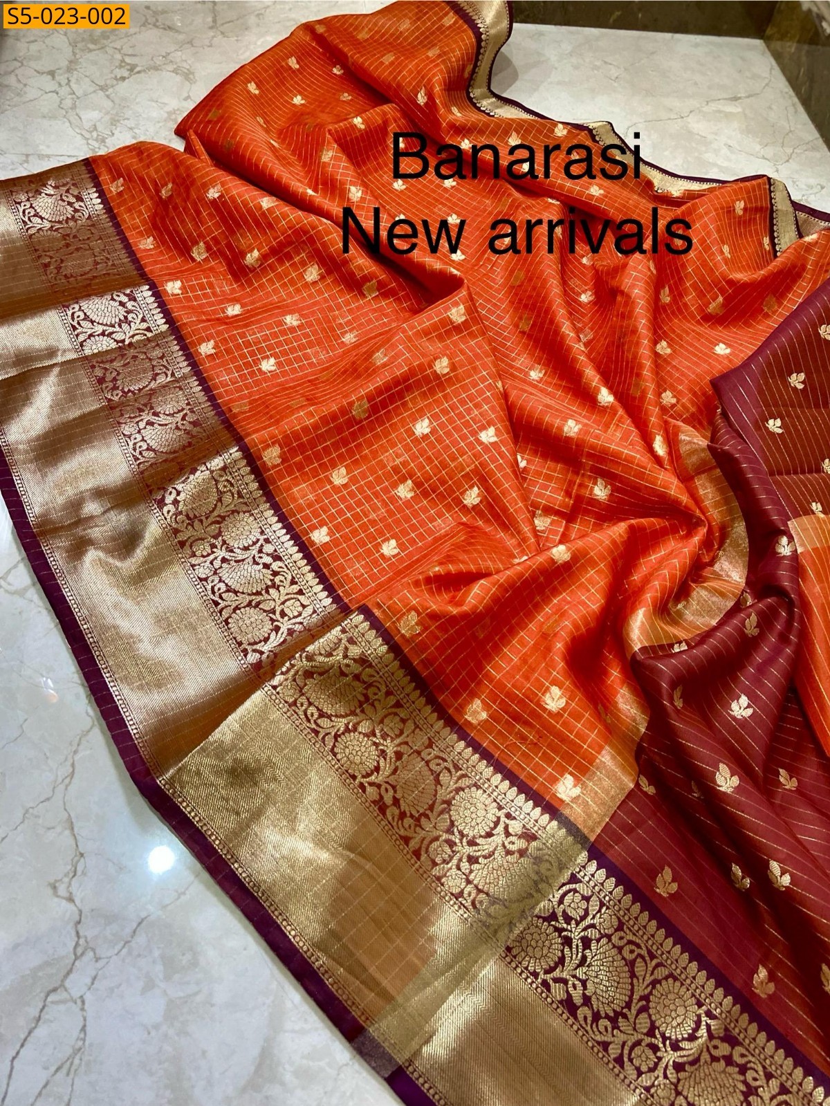 Orange Banarasi Soft silk Zari check saree