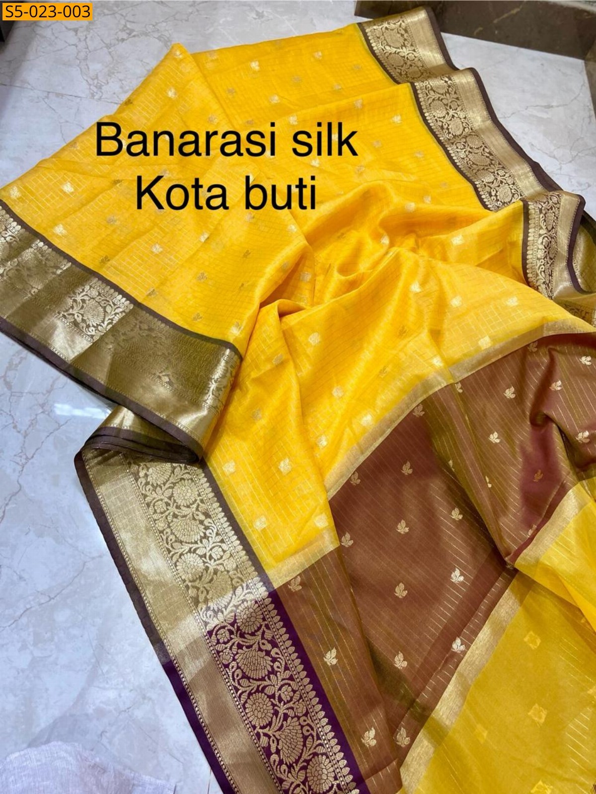 Yellow Banarasi Soft silk Zari check saree