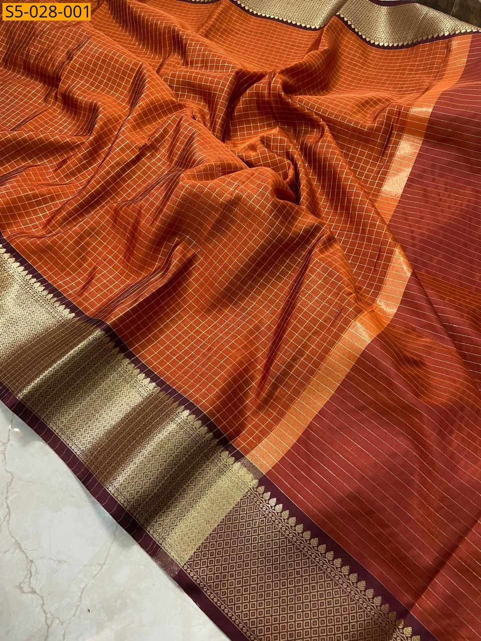 Orange Banarasi checks soft silk saree