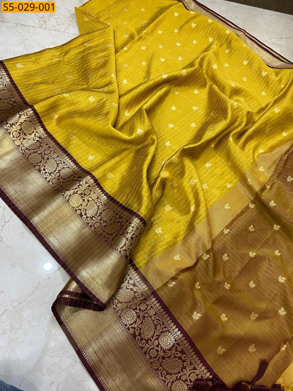 Yellow Banarasi soft silk zari checks saree