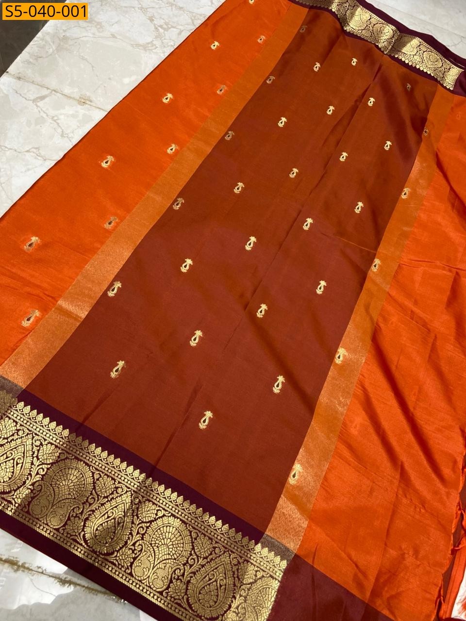 Rust Orange Banarasi Katan Kanchi Border Saree